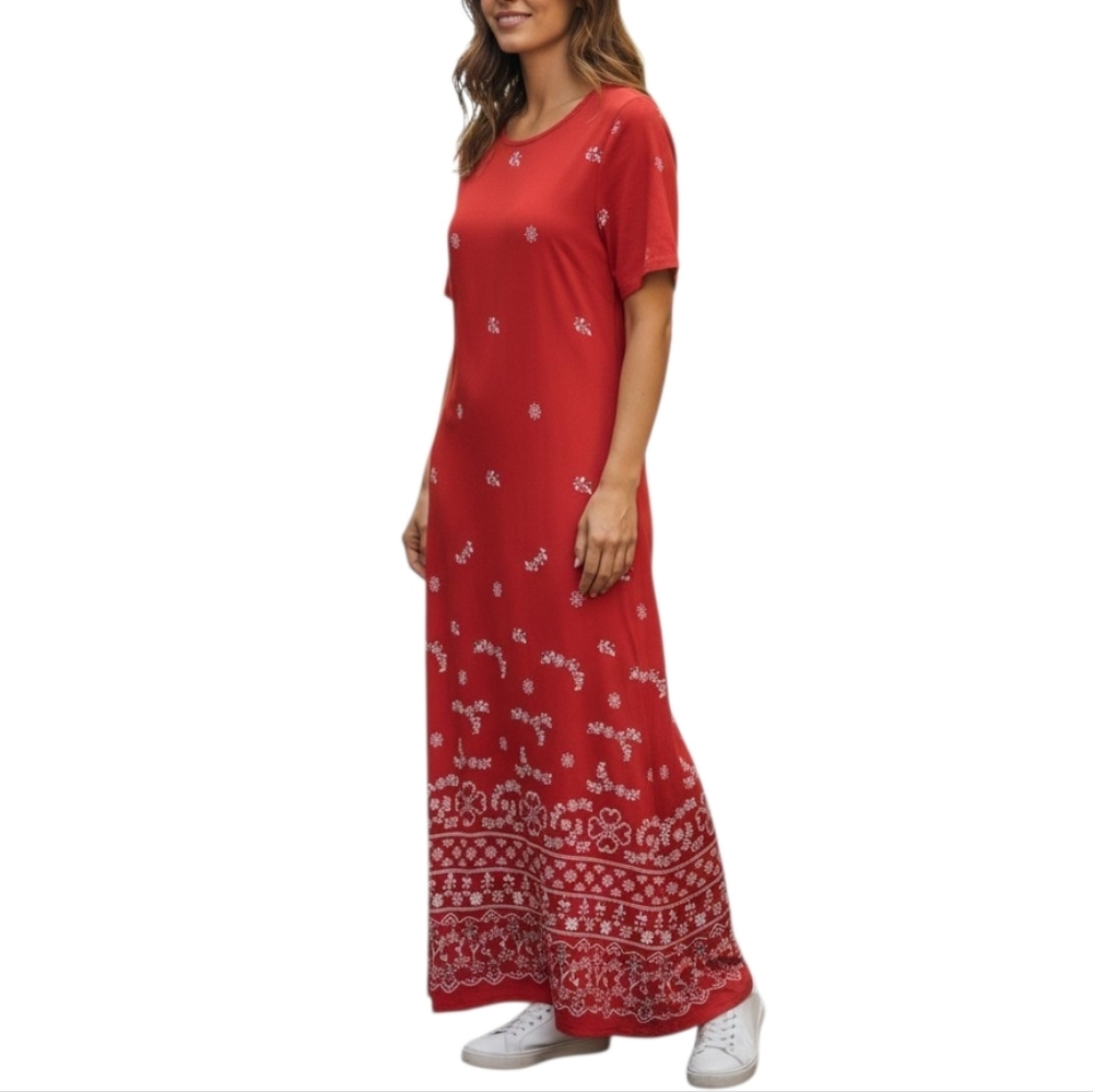 Coldwater Creek Red Floral Border Print Maxi Dress 100% Cotton Size M